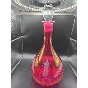 Vintage Cranberry Pink Glass Decanter Etched Three Wheat Stalks w/ Clear Stopper